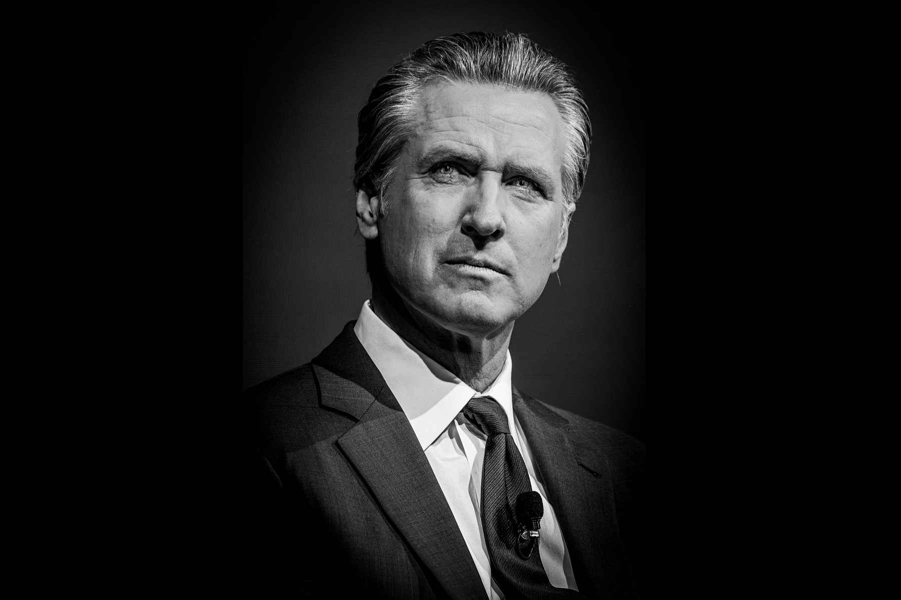 Black-and-white portrait of Gavin Newsom